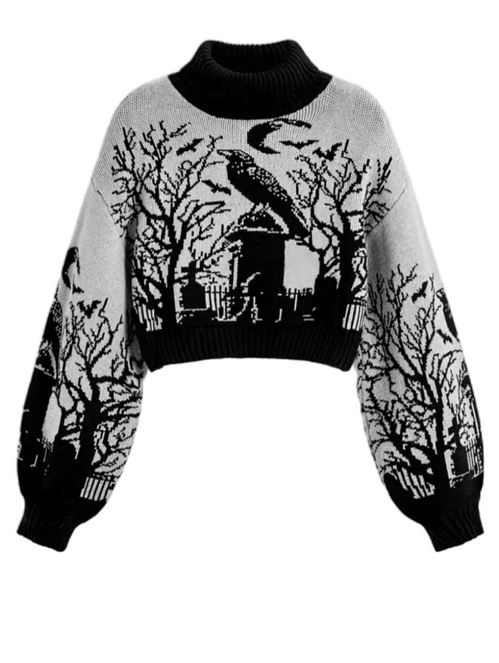SHEIN Goth Cropped Black and White Raven Knit Sweater